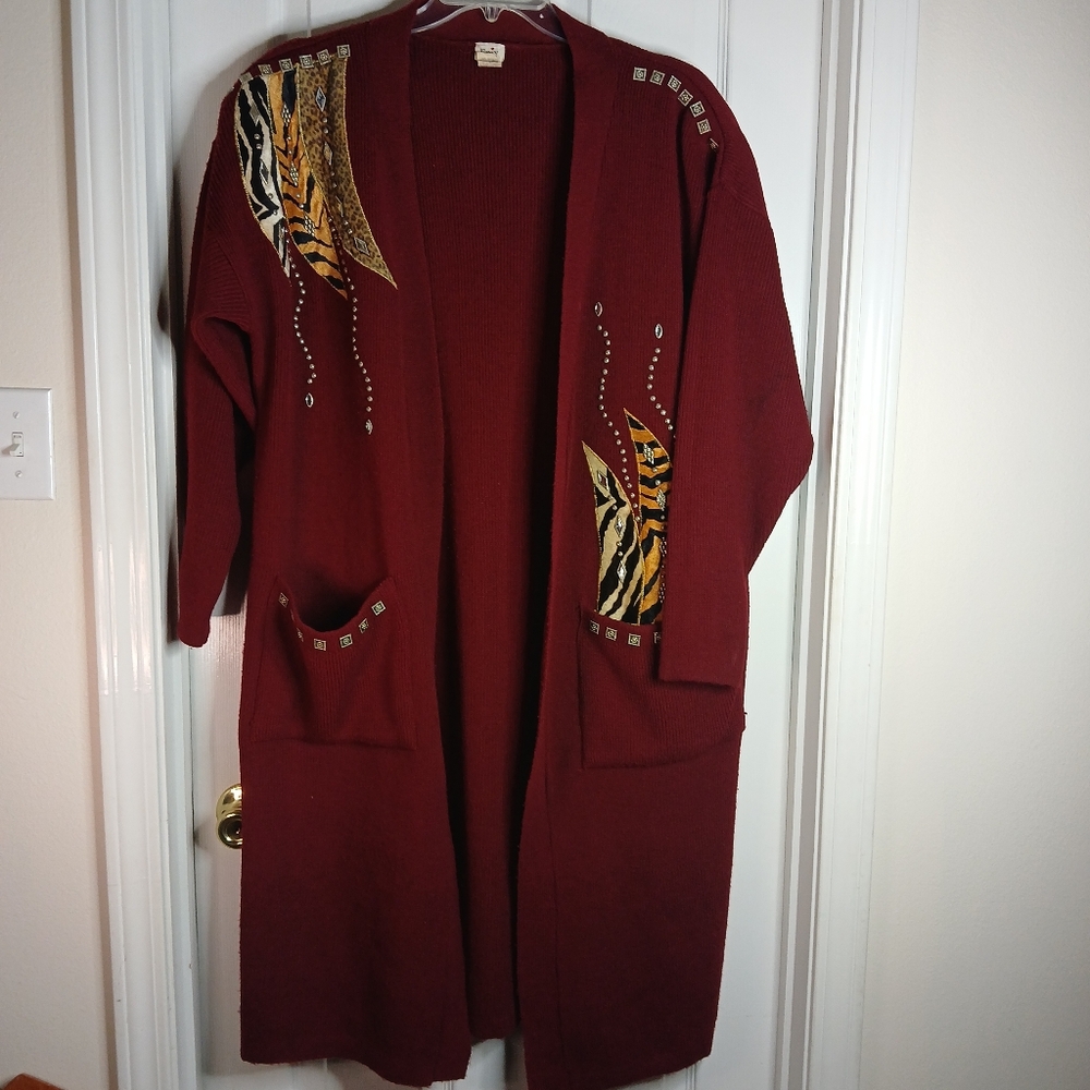 Vintage Tiger Zebra Cheetah Print Embellished Burgundy Open Front Sweater SZ XXL
